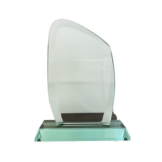 Elegant modern glass trophy with jade frame and curve design on a sturdy base.