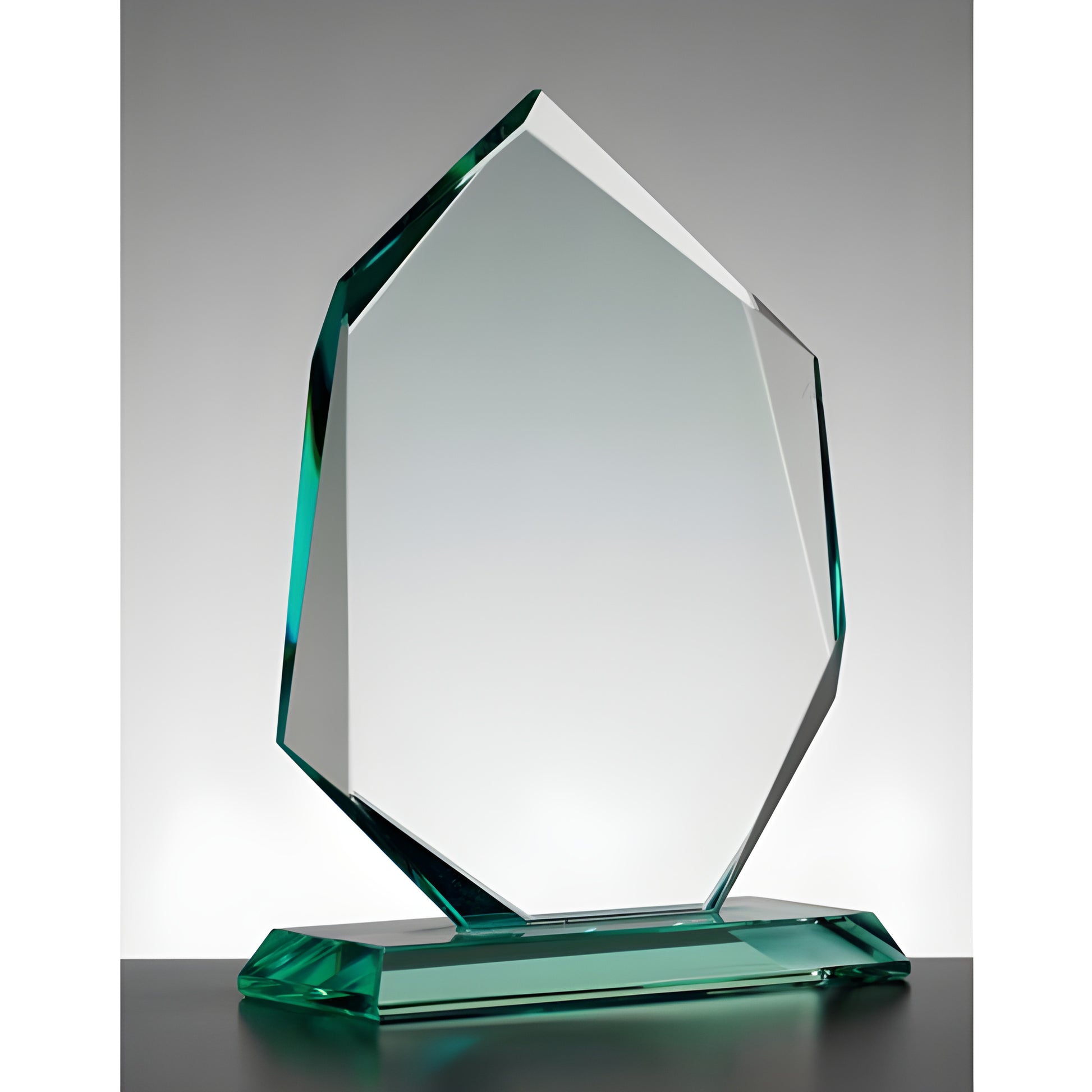 Jade iceburg skye glass award with octagon shape on gray background.