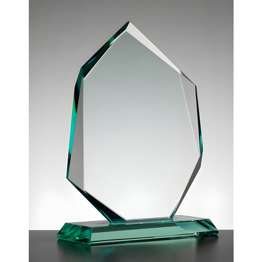 Jade iceburg skye glass award with octagon shape on gray background.