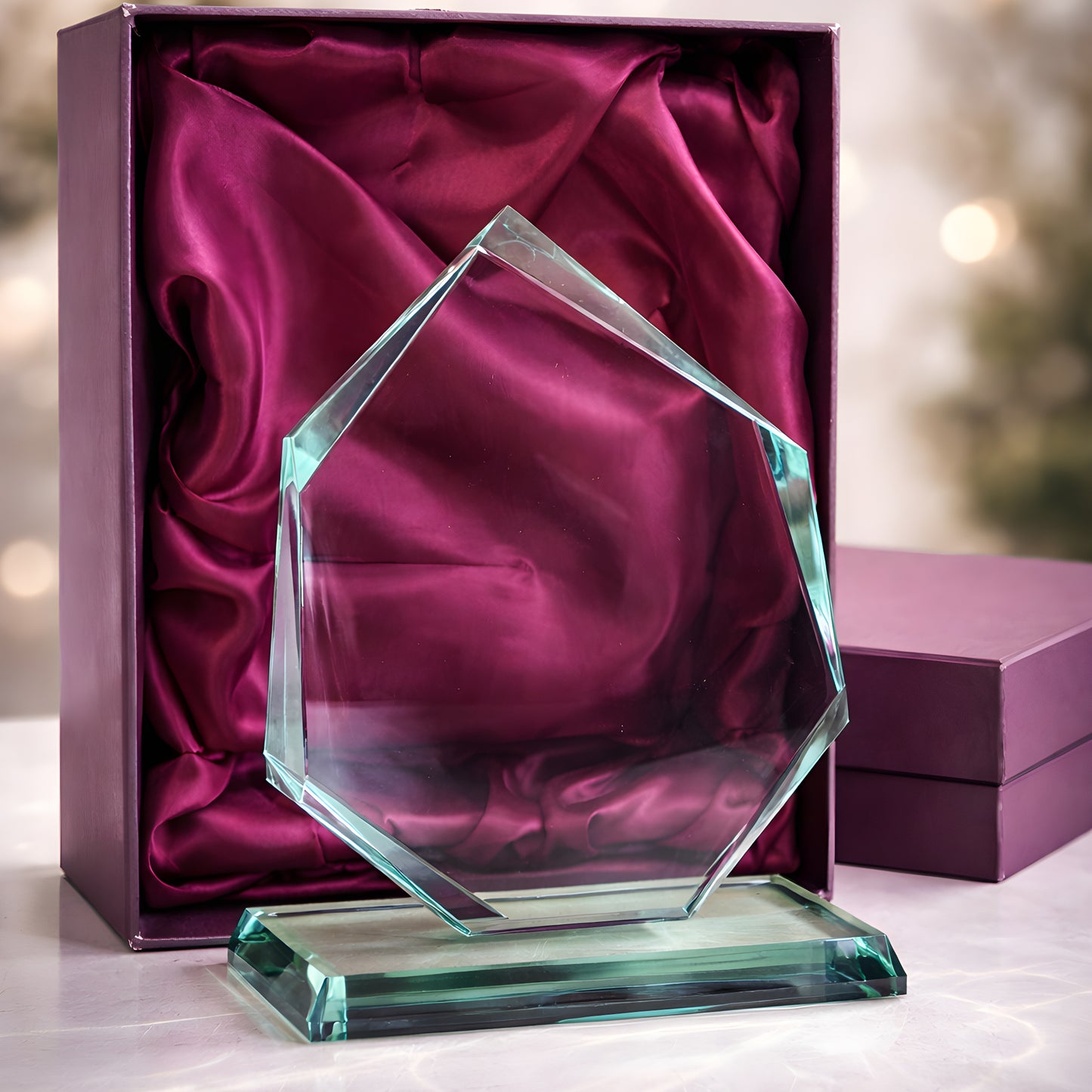 Octagonal jade glass award in red silk-lined box with crystal base.