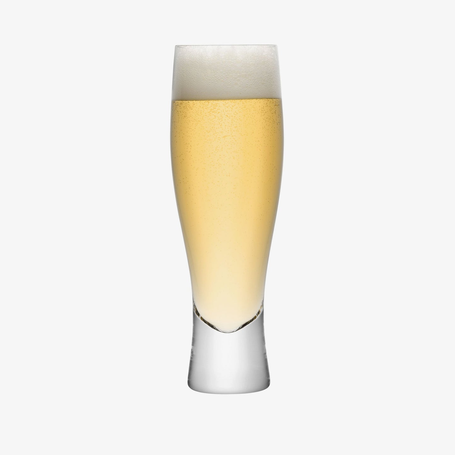 Tall pilsner glass filled with lager and foam head