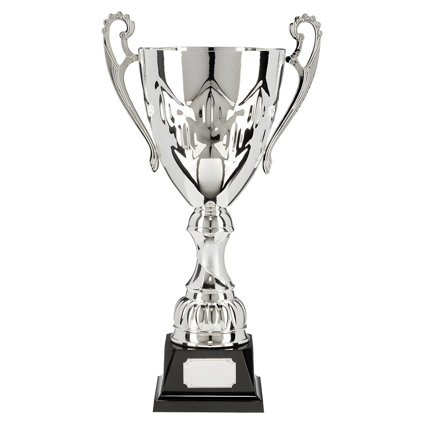 Silver trophy cup with ornate handles on a black base.