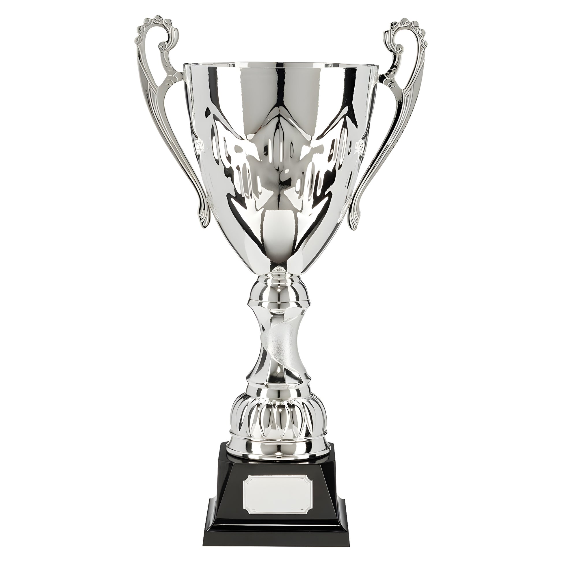 Silver trophy cup with ornate handles on a black base.