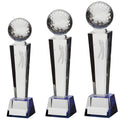 Set of engraved crystal golf trophies with golfer figure and golf ball design.