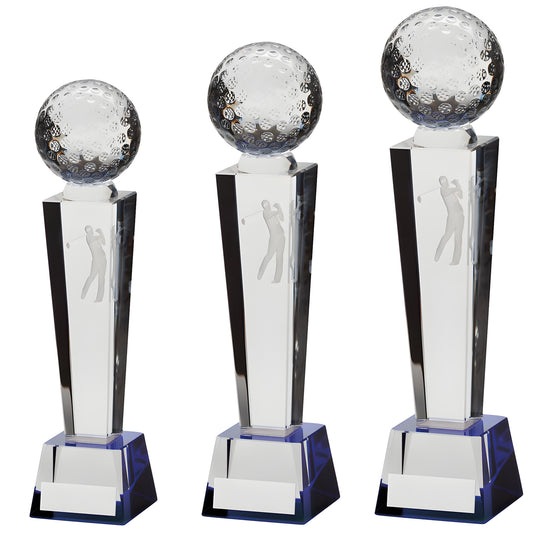 Set of engraved crystal golf trophies with golfer figure and golf ball design.