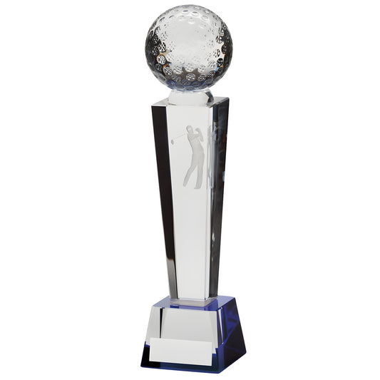 Crystal golf award trophy with etched golfer and transparent design.