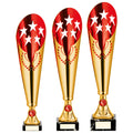 Gold and red metal trophy cups with star designs and musical emblem awards.
