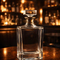 Elegant crystal bourbon decanter in dimly lit bar setting.