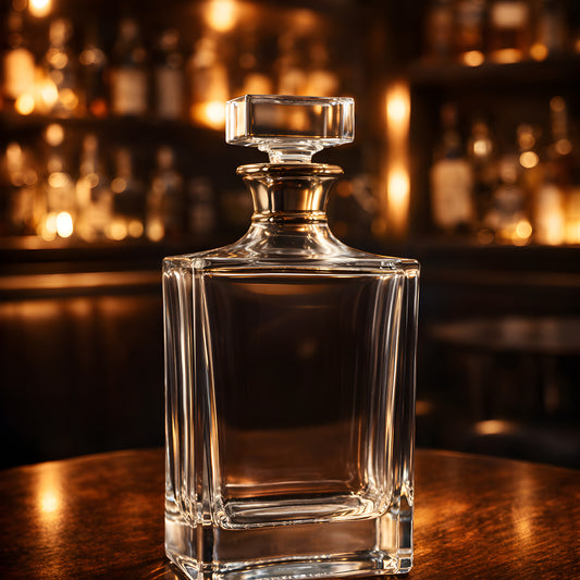 Elegant crystal bourbon decanter in dimly lit bar setting.