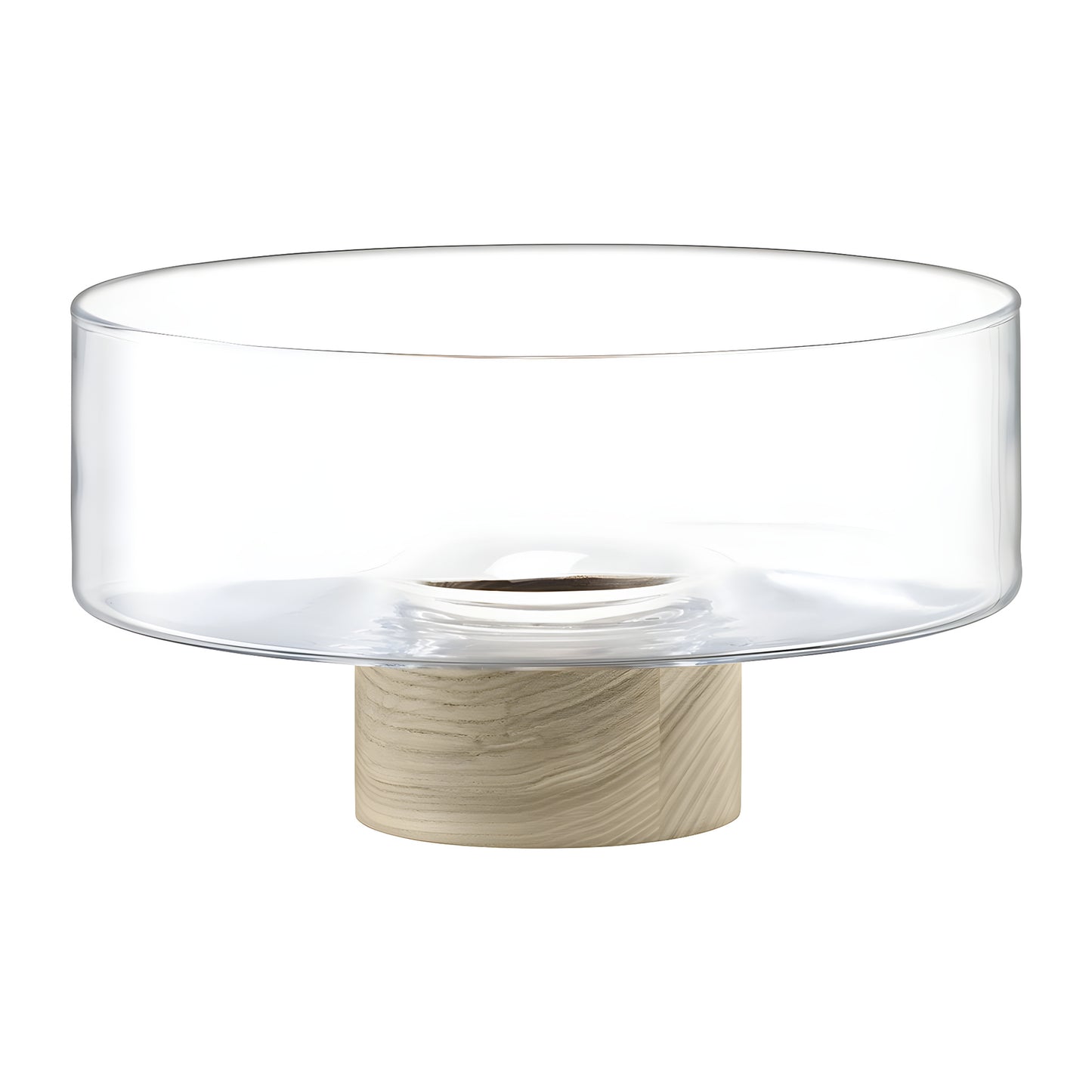 Clear glass pedestal bowl with ash wood base for modern decor.