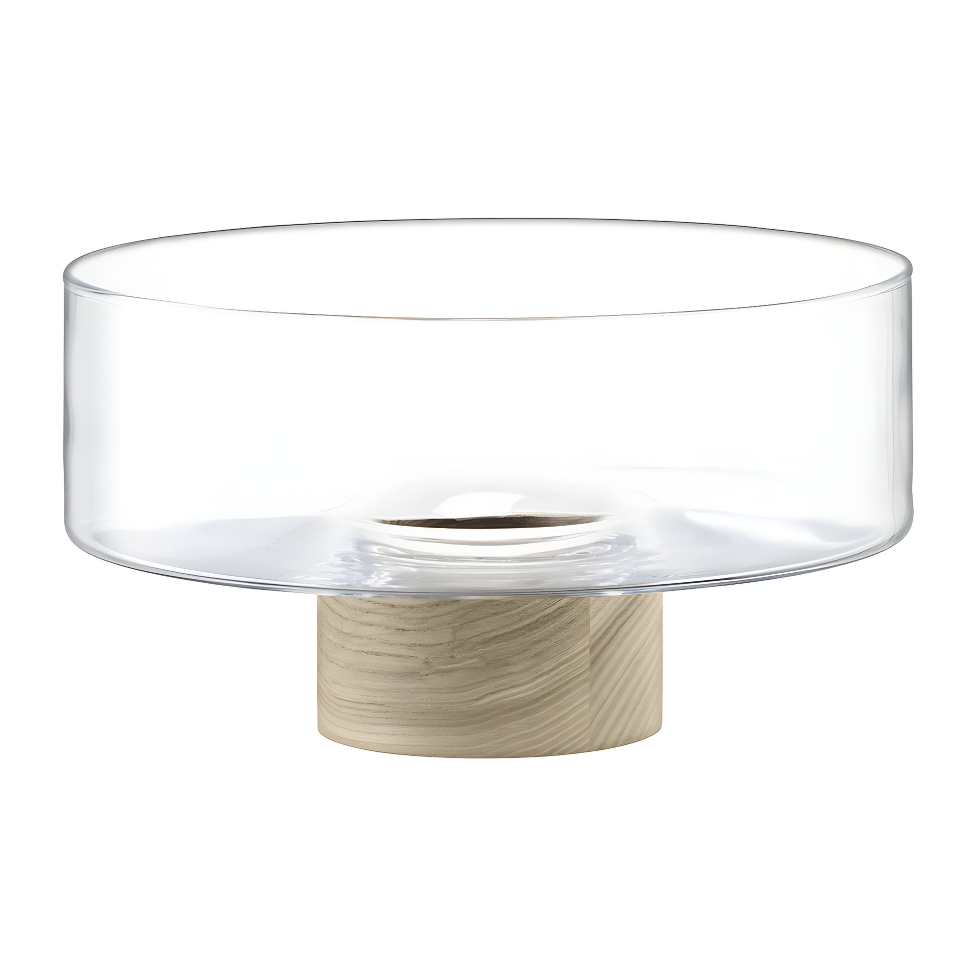 Clear glass pedestal bowl with ash wood base for modern decor.