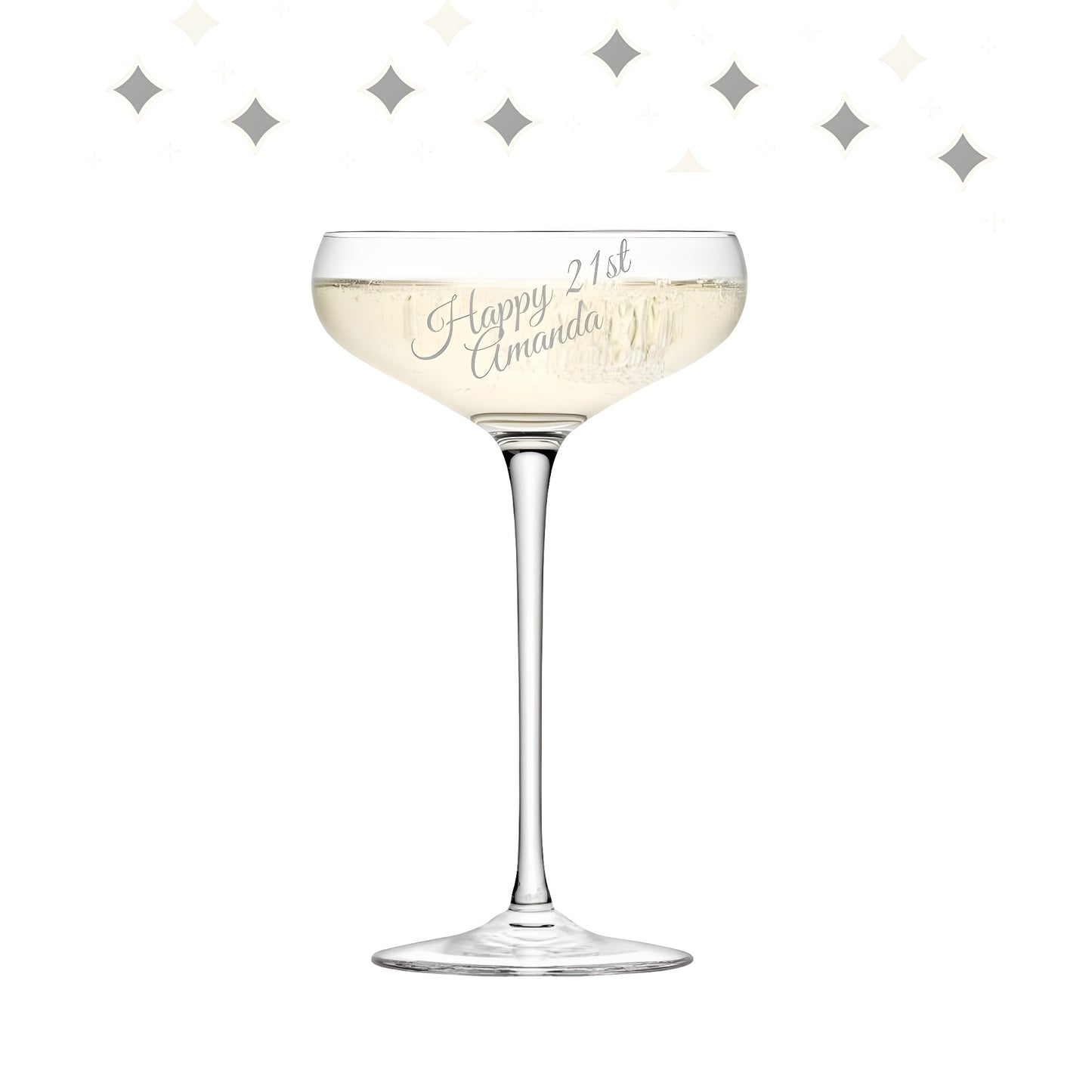Custom engraved champagne saucer with 'Happy 21st Amanda' and star design.