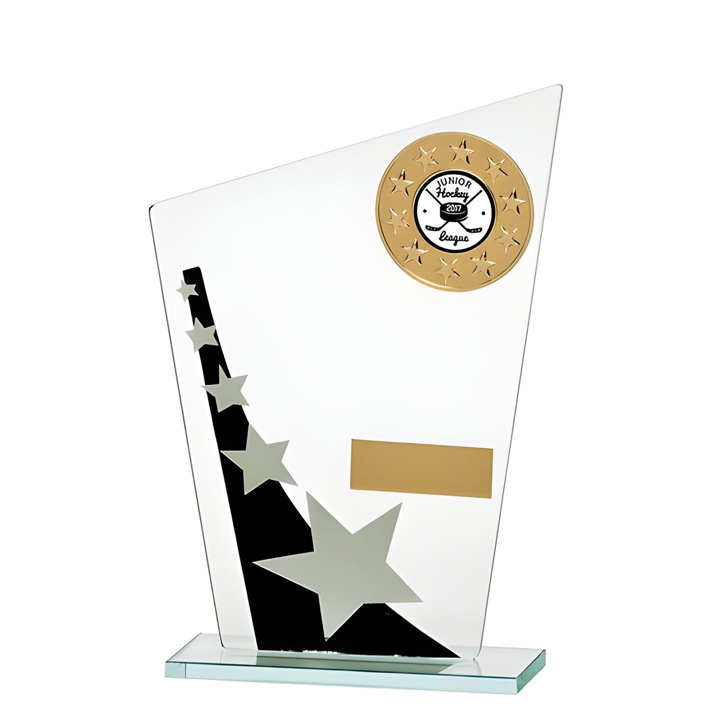 Jade glass award with black and silver stars for Junior Hockey League.