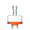 Modern glass decanter with stopper holding red liquid against white background.