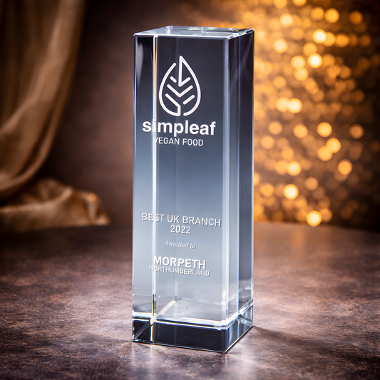 Simpleaf Vegan Food Best UK Branch 2022 crystal award for Morpeth Northumberland.