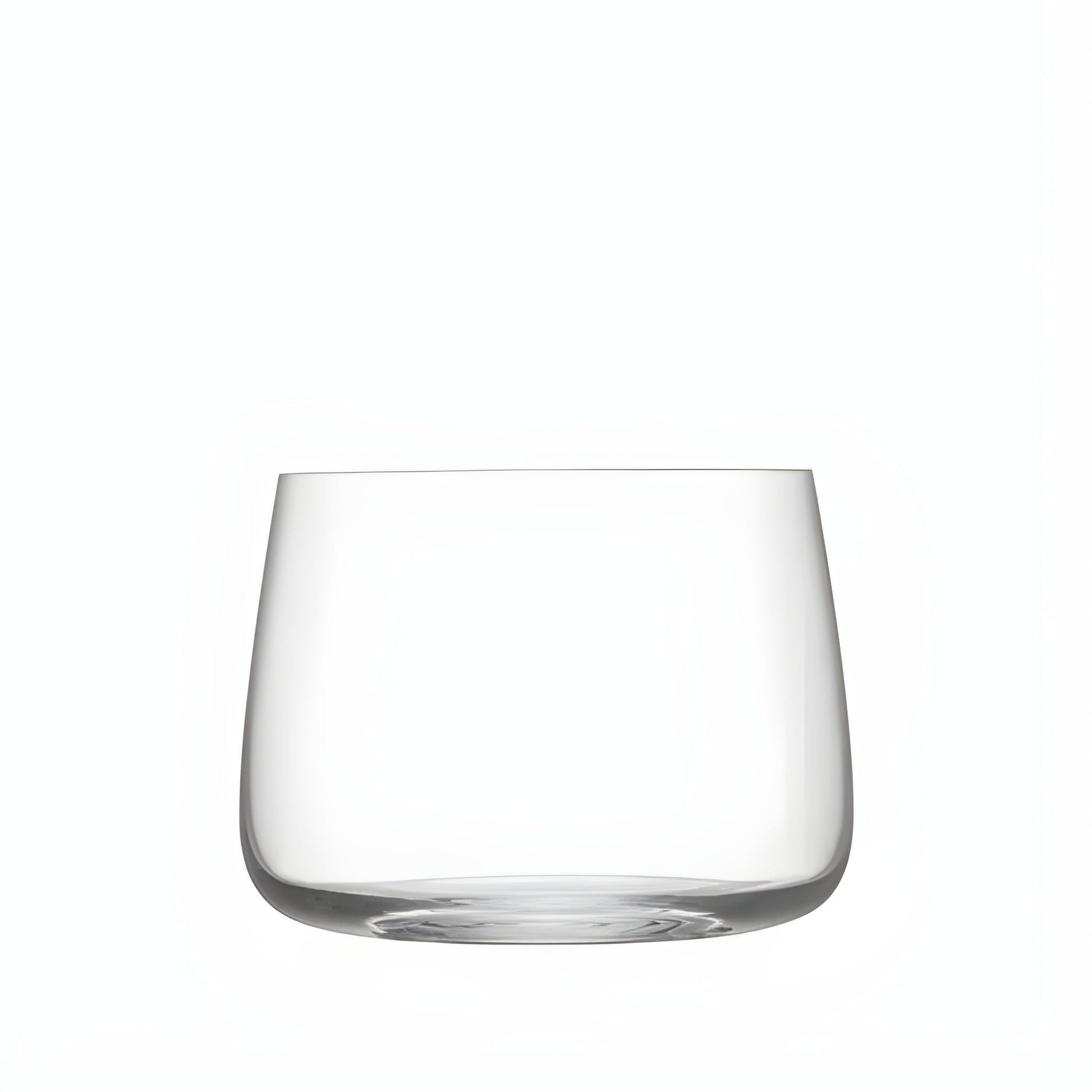Clear stemless glass 360ml on white background.