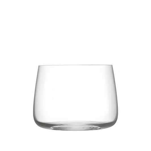 Clear stemless glass 360ml on white background.