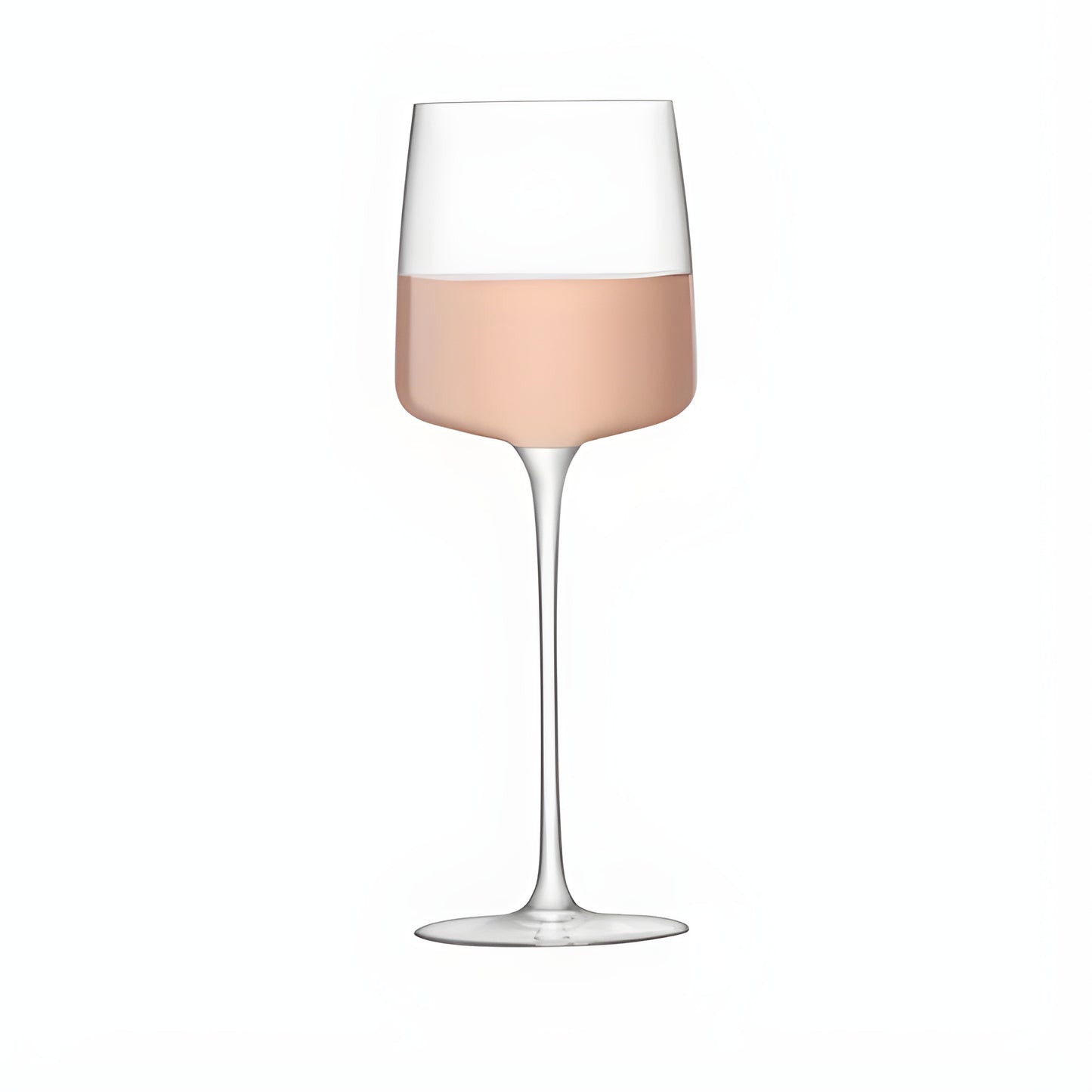 Modern 350ml wine glass with rosé wine on a white background.
