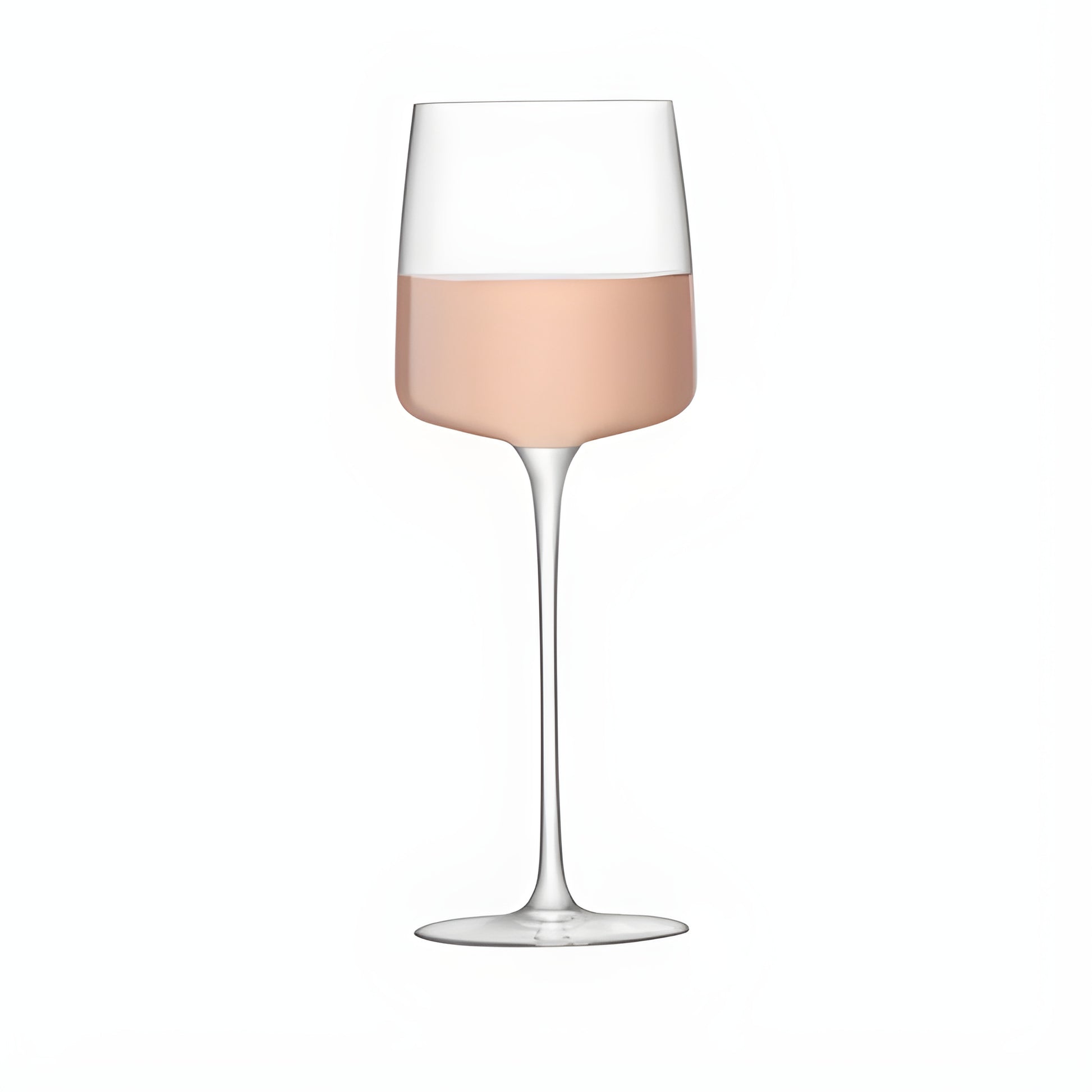 Modern 350ml wine glass with rosé wine on a white background.
