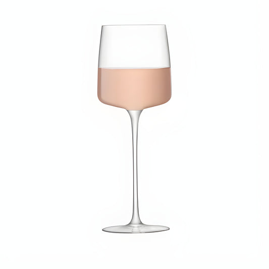 Modern 350ml wine glass with rosé wine on a white background.