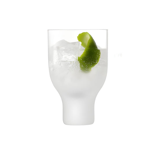Clear glass tumbler filled with ice and a lime twist.