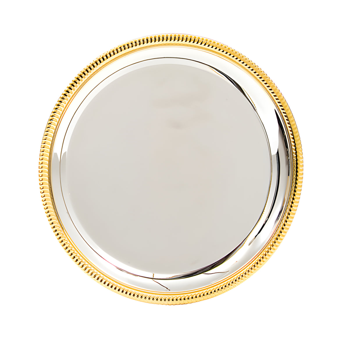 Round silver and gold salver with decorative border, 250mm for elegant serving.