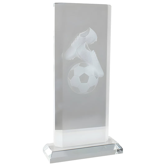 Crystal football trophy featuring engraved soccer shoes and ball design.