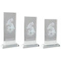 Three crystal awards with engraved soccer shoes and ball motif.