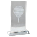Crystal golf award with engraved golf ball on tee, ideal for tournaments.