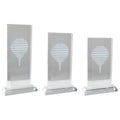 Rectangular crystal golf awards with engraved golf ball design.