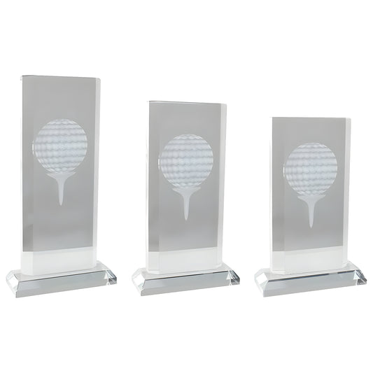 Rectangular crystal golf awards with engraved golf ball design.