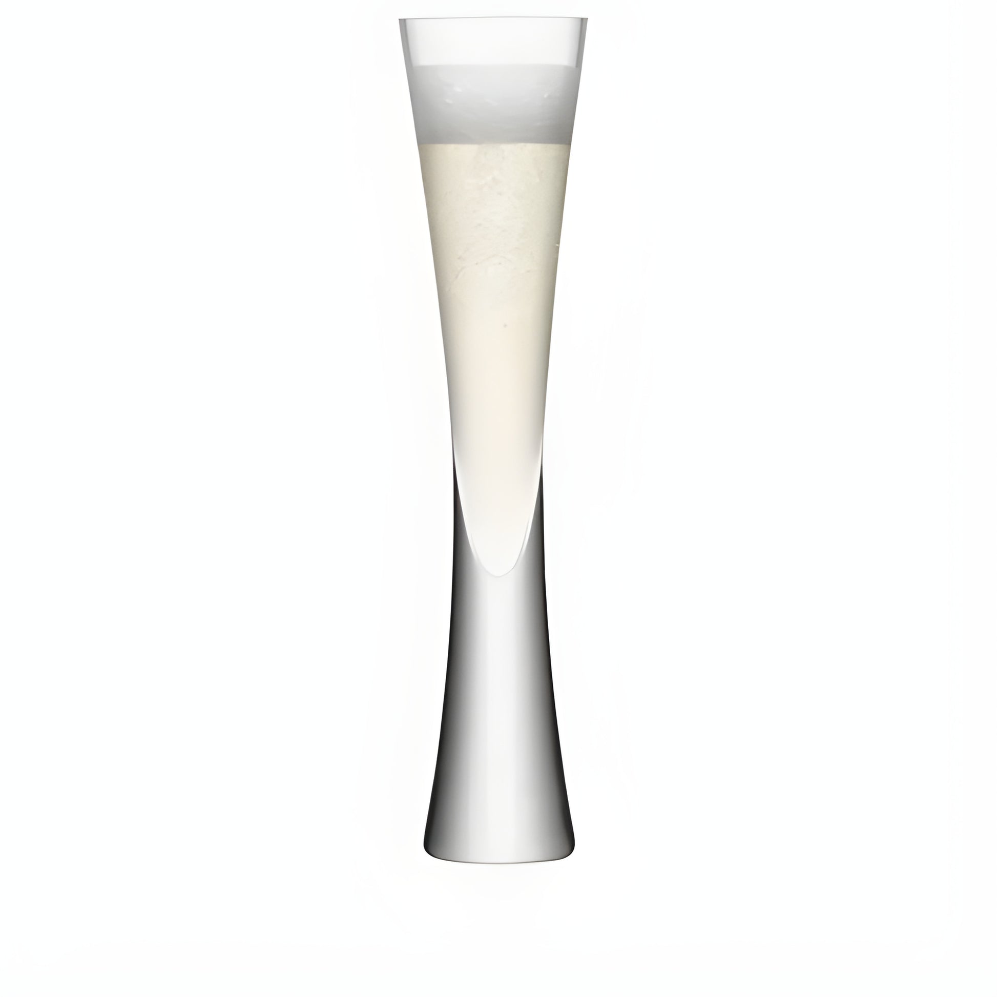 Tall modern champagne flute with sleek design filled with bubbly champagne.