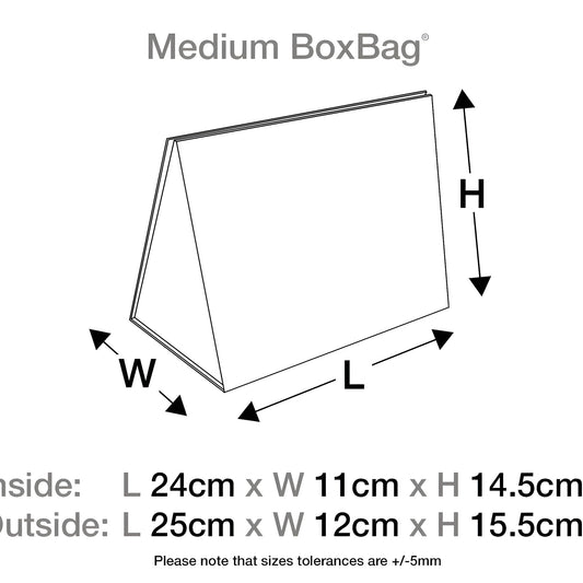Diagram showing dimensions of a medium navy blue BoxBag with changeable ribbon.