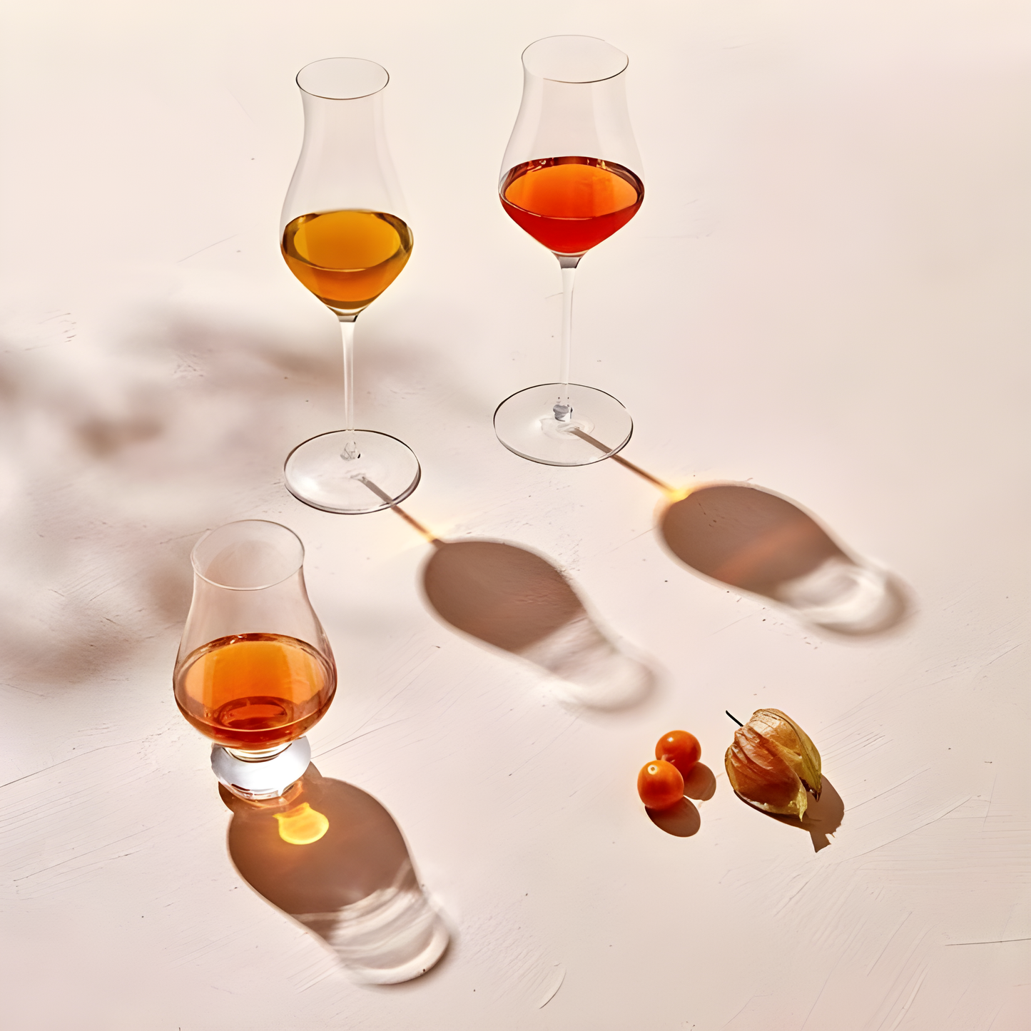 Three whisky glasses casting shadows with varied drinks and fruit on a minimalist background.