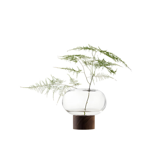 Oblate glass vase with fern on wooden base