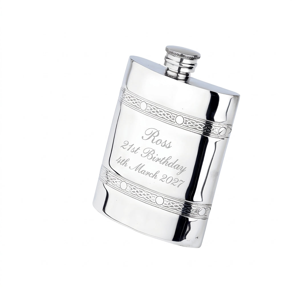 Example engraving (birthday): "Ross / 21st Birthday / 4th March 2027" on the Oblong 2 Celtic Band Flask