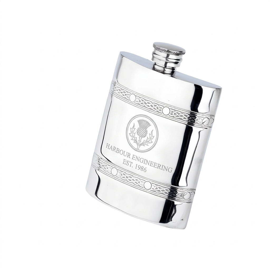 Example engraving (company logo): "HARBOUR ENGINEERING / EST. 1986" on the Oblong 2 Celtic Band Flask