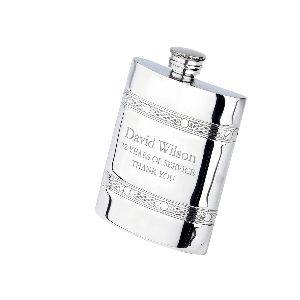 Example engraving (thank you): "David Wilson / 32 Years of Service / Thank You" on the Oblong 2 Celtic Band Flask