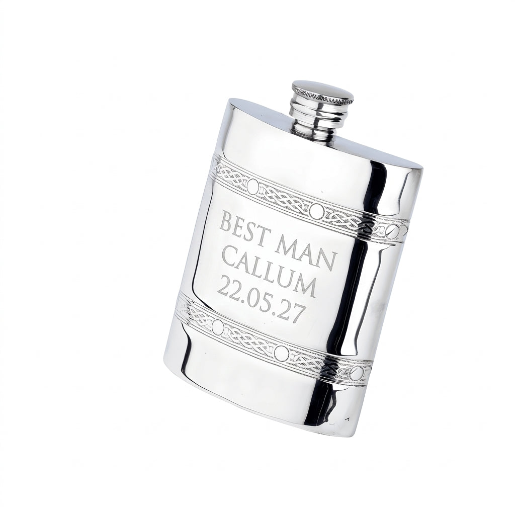 Example engraving (wedding party): "Best Man / Callum / 22.05.27" on the Oblong 2 Celtic Band Flask