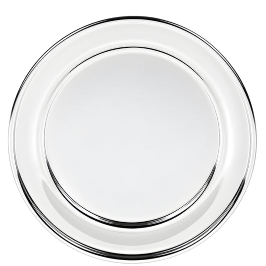 Round silver serving tray with a polished finish, olde English style.