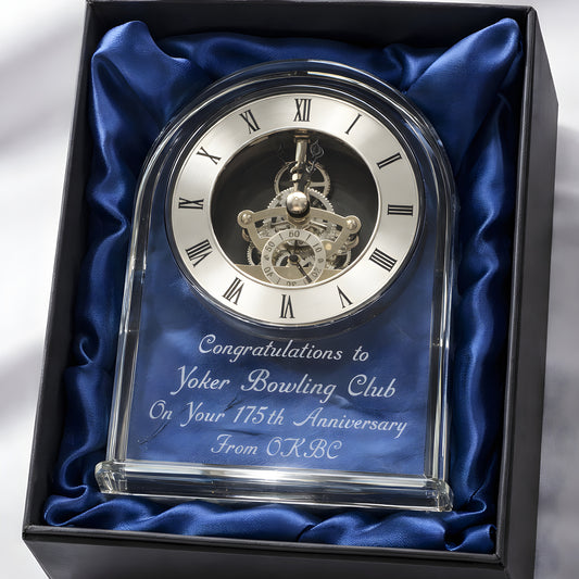 Optical crystal arched clock with engraving for Yoker Bowling Club's 175th anniversary, in a satin-lined box.