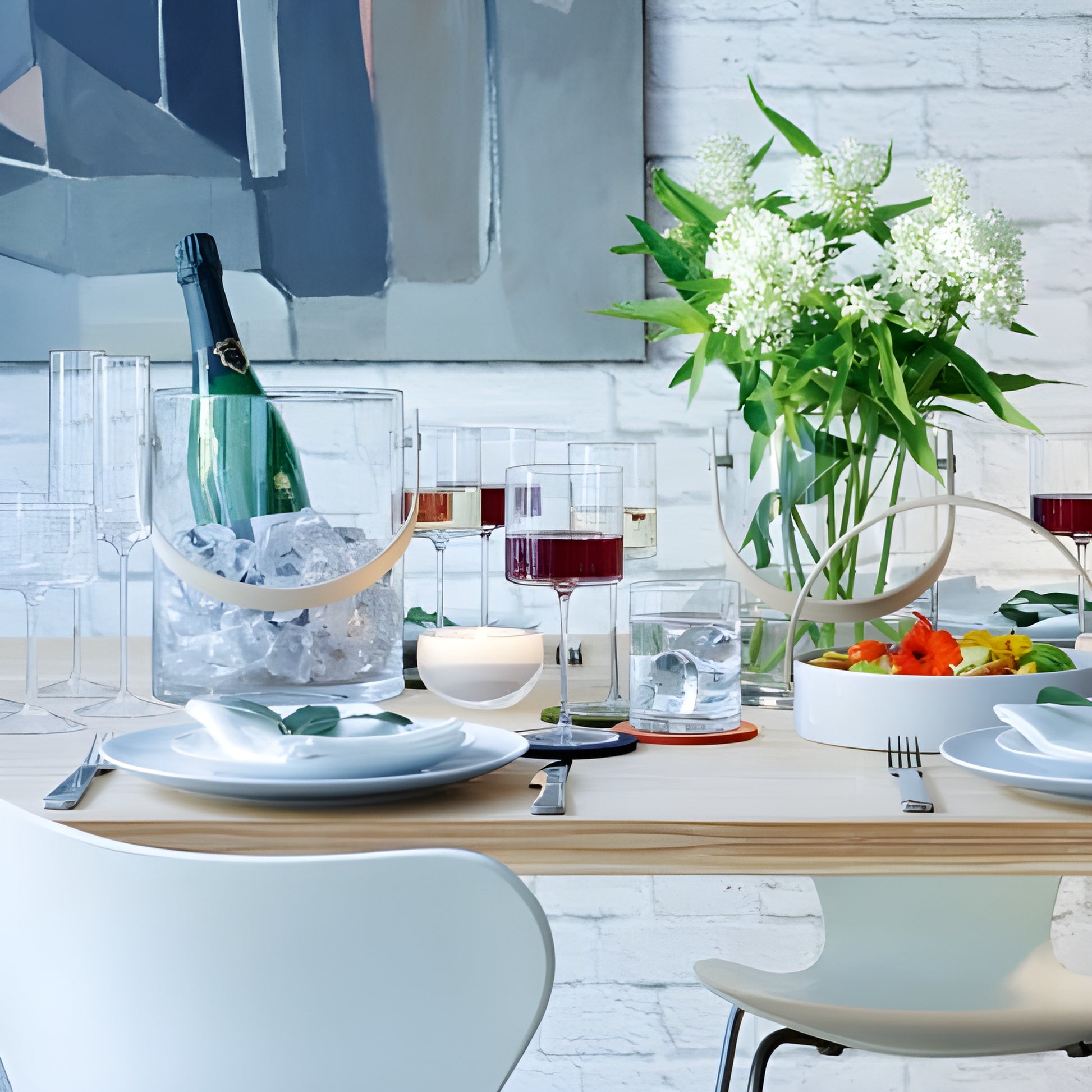 Elegant table setting with champagne flutes, flowers, and modern decor in a bright dining area.