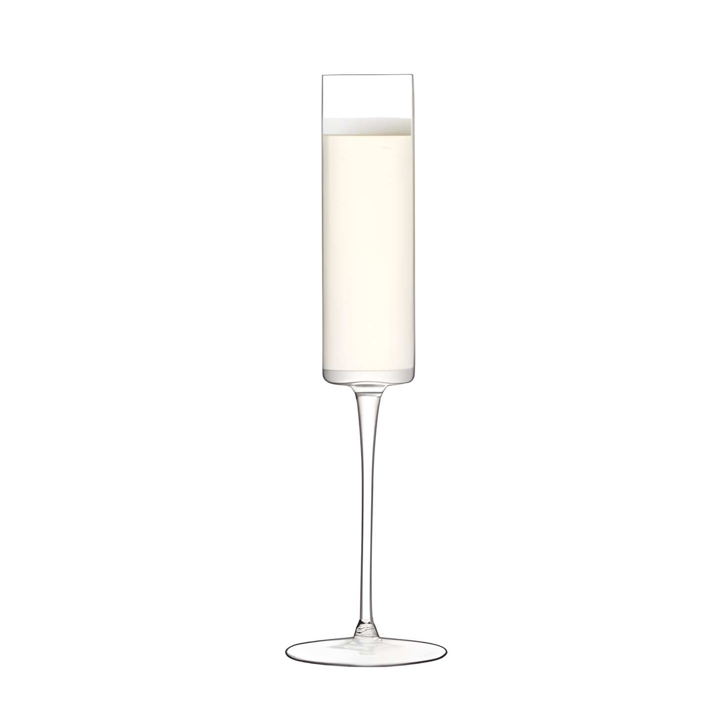 Crystal-clear champagne flute with bubbling champagne.