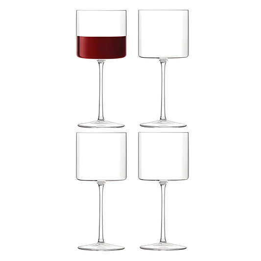 Set of four 310ml modern design wine glasses with one filled with red wine.