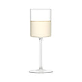Modern elegant white wine glass with clear stem on white background.