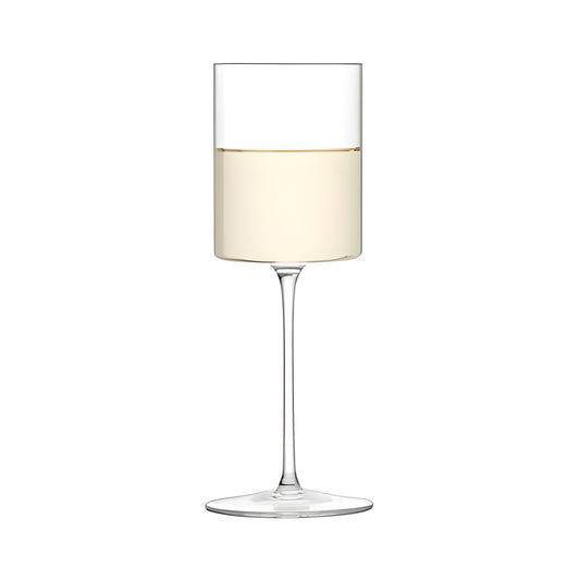 Modern elegant white wine glass with clear stem on white background.