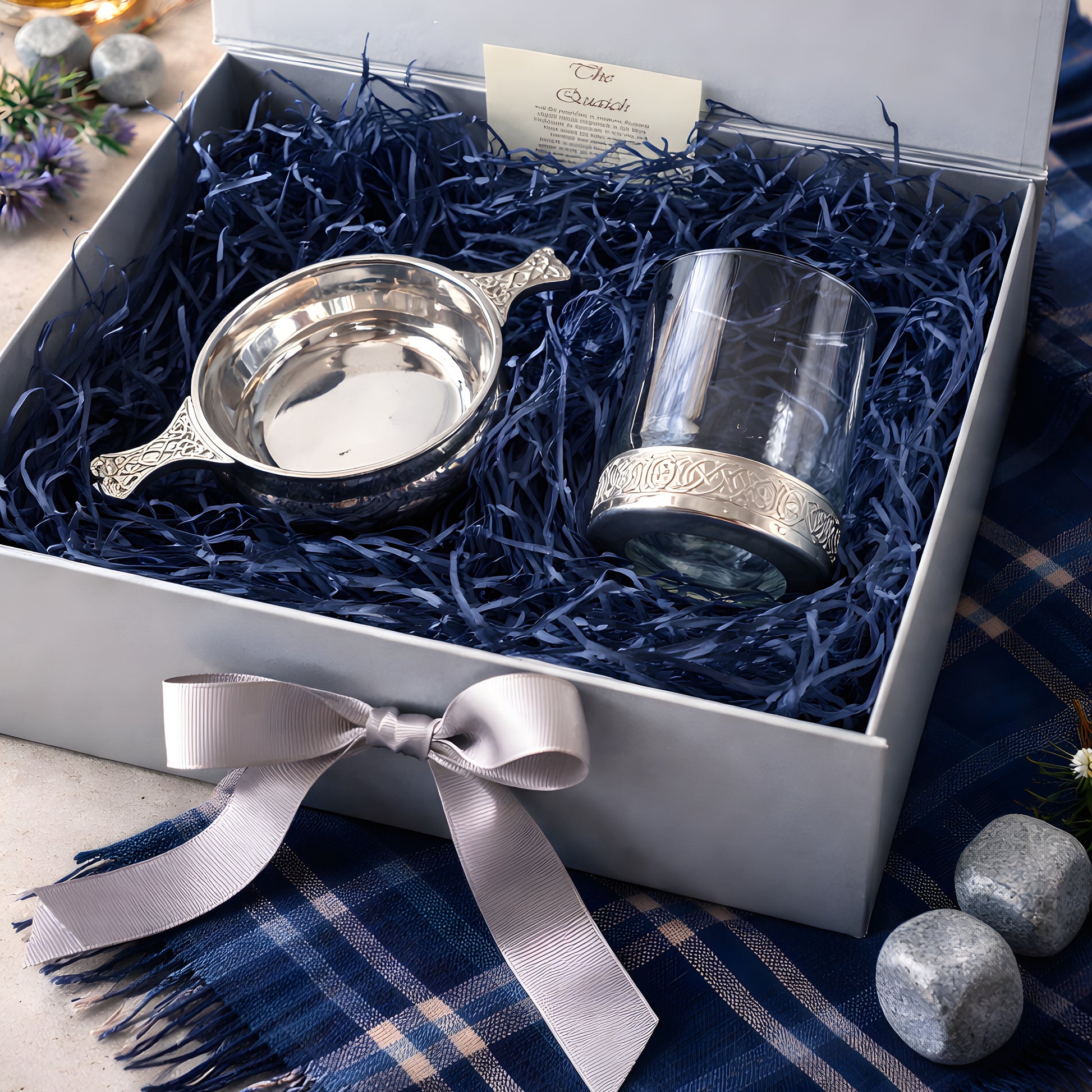 Luxury gift set with pewter quaich and glass in blue box with ribbon.