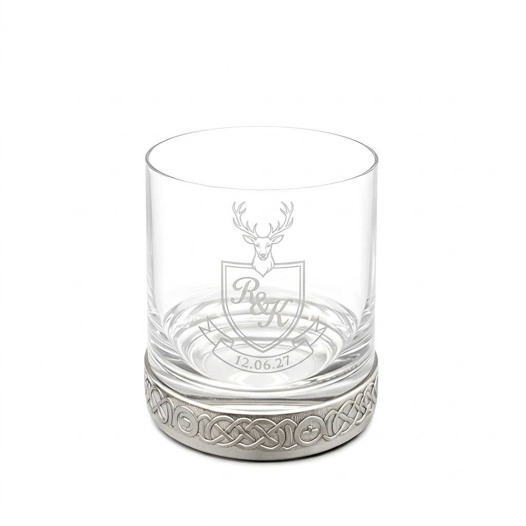 Example engraving (crest): "R & K / 12.06.27" on the Pewter Base Whisky Glass