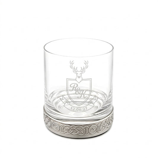 Example engraving (crest): "R & K / 12.06.27" on the Pewter Base Whisky Glass