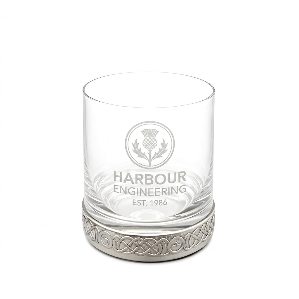Example engraving (company logo): "HARBOUR ENGINEERING / EST. 1986" on the Pewter Base Whisky Glass